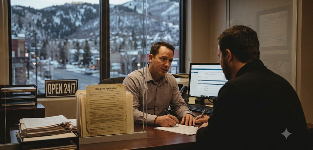 A bail bond agent works at a desk cluttered with casework and an illuminated computer screen, representing the administrative work involved in posting bail. He talks with a client on the phone while reviewing an application, with a background window revealing the high mountain desert landscape of Utah at dusk