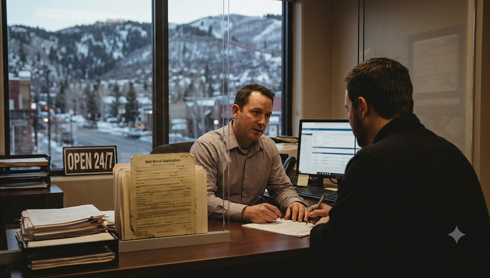 A bail bond agent works at a desk cluttered with casework and an illuminated computer screen, representing the administrative work involved in posting bail. He talks with a client on the phone while reviewing an application, with a background window revealing the high mountain desert landscape of Utah at dusk