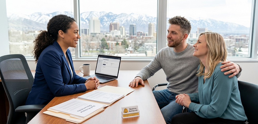 A supportive legal consultation setting in Utah where a relieved couple meets with a professional to discuss securing early release from jail. Documents and a laptop rest on the desk in front of a window overlooking the Salt Lake City skyline and Wasatch Mountains