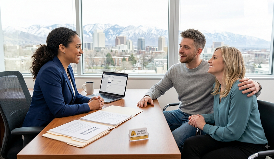 A supportive legal consultation setting in Utah where a relieved couple meets with a professional to discuss securing early release from jail. Documents and a laptop rest on the desk in front of a window overlooking the Salt Lake City skyline and Wasatch Mountains
